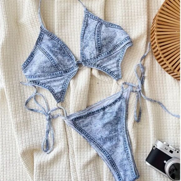 Faux Denim Print Cut Out Halter Sexy Monokini Backless One-piece Swimsuit Beach - Picture 2 of 5